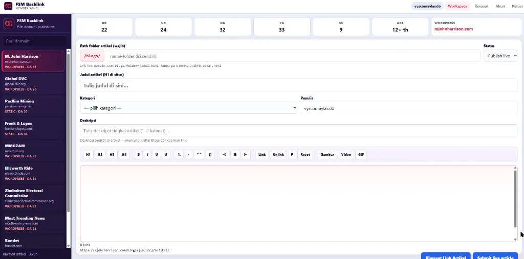 Pratinjau Backlink Premium: FSM Backlink Member Panel — workspace publish live